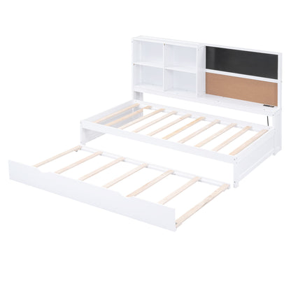 Twin Size Daybed With Storage Shelvesboard, Cork Board, USB Ports And Trundle - White - The Sleep Loft - Online Mattress Showroom NYC