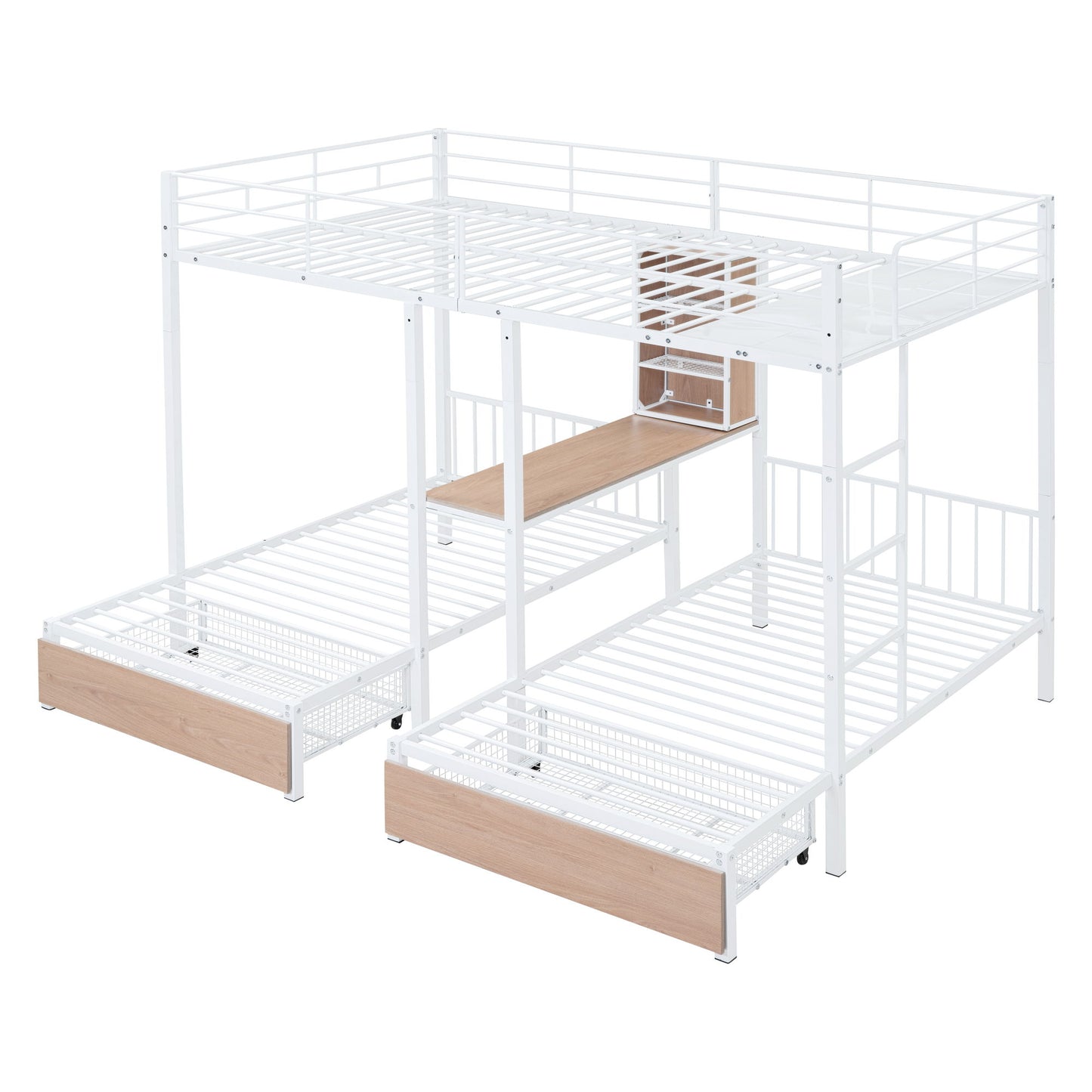 Triple Bunk Bed With Drawers, Multi-Functional Frame With Desks And Shelves In The Middle - The Sleep Loft - Online Mattress Showroom NYC
