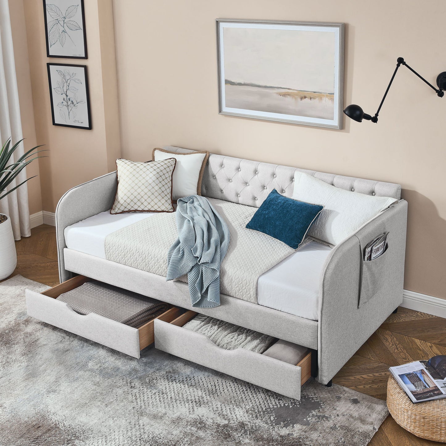 Daybed With Trundle And Storage Drawers, Flat Arms With Pocket - The Sleep Loft - Online Mattress Showroom NYC