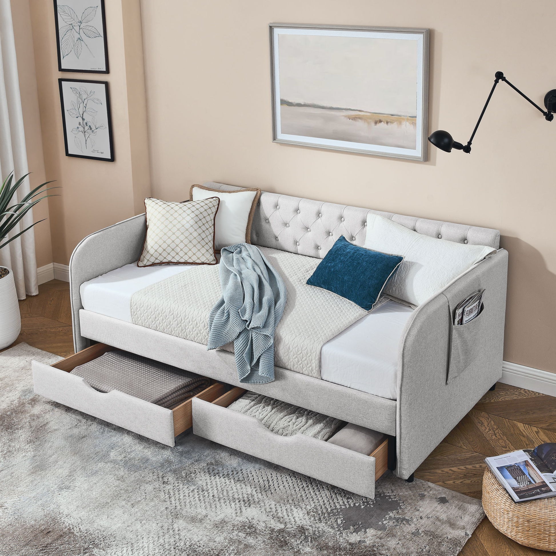Daybed With Trundle And Storage Drawers, Flat Arms With Pocket - The Sleep Loft - Online Mattress Showroom NYC