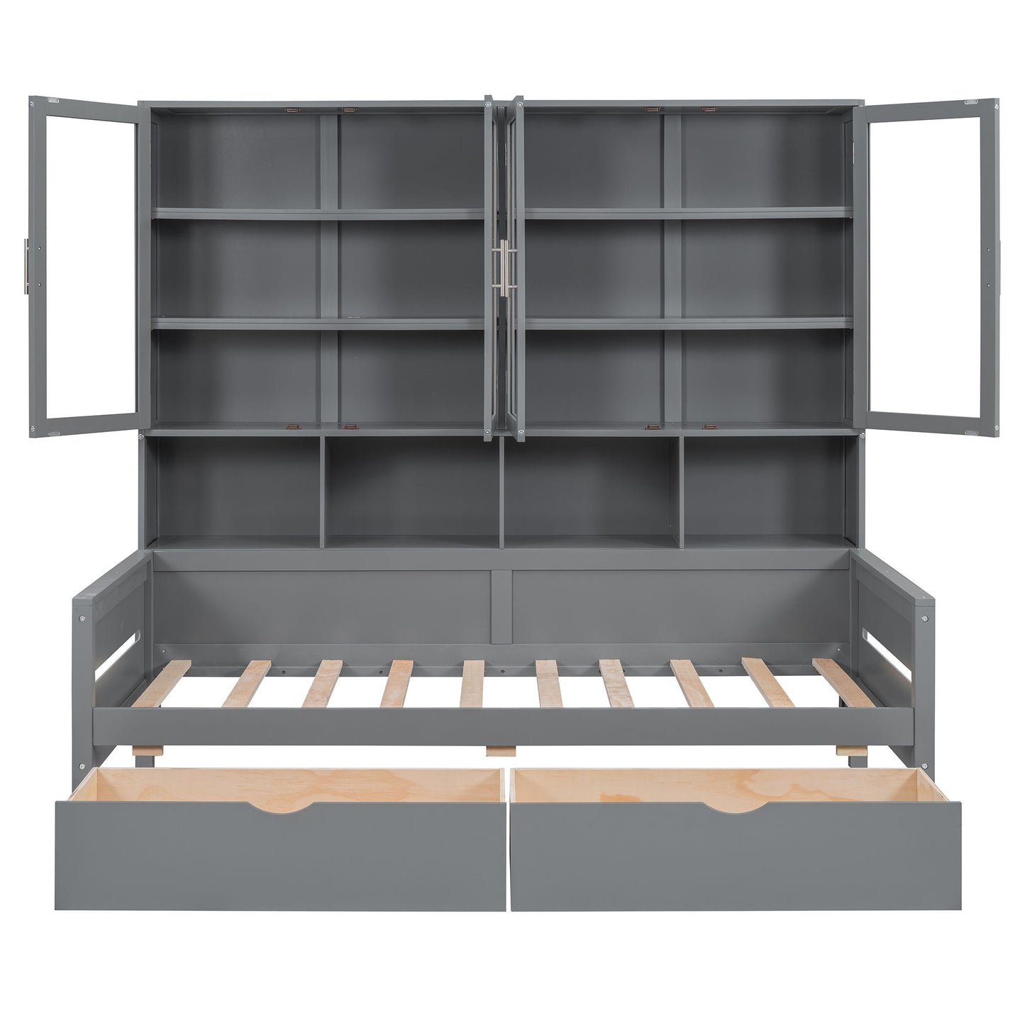 Daybed With Glass Door Storage Cabinets, Built In LED Lighting And Shelves - The Sleep Loft - Online Mattress Showroom NYC