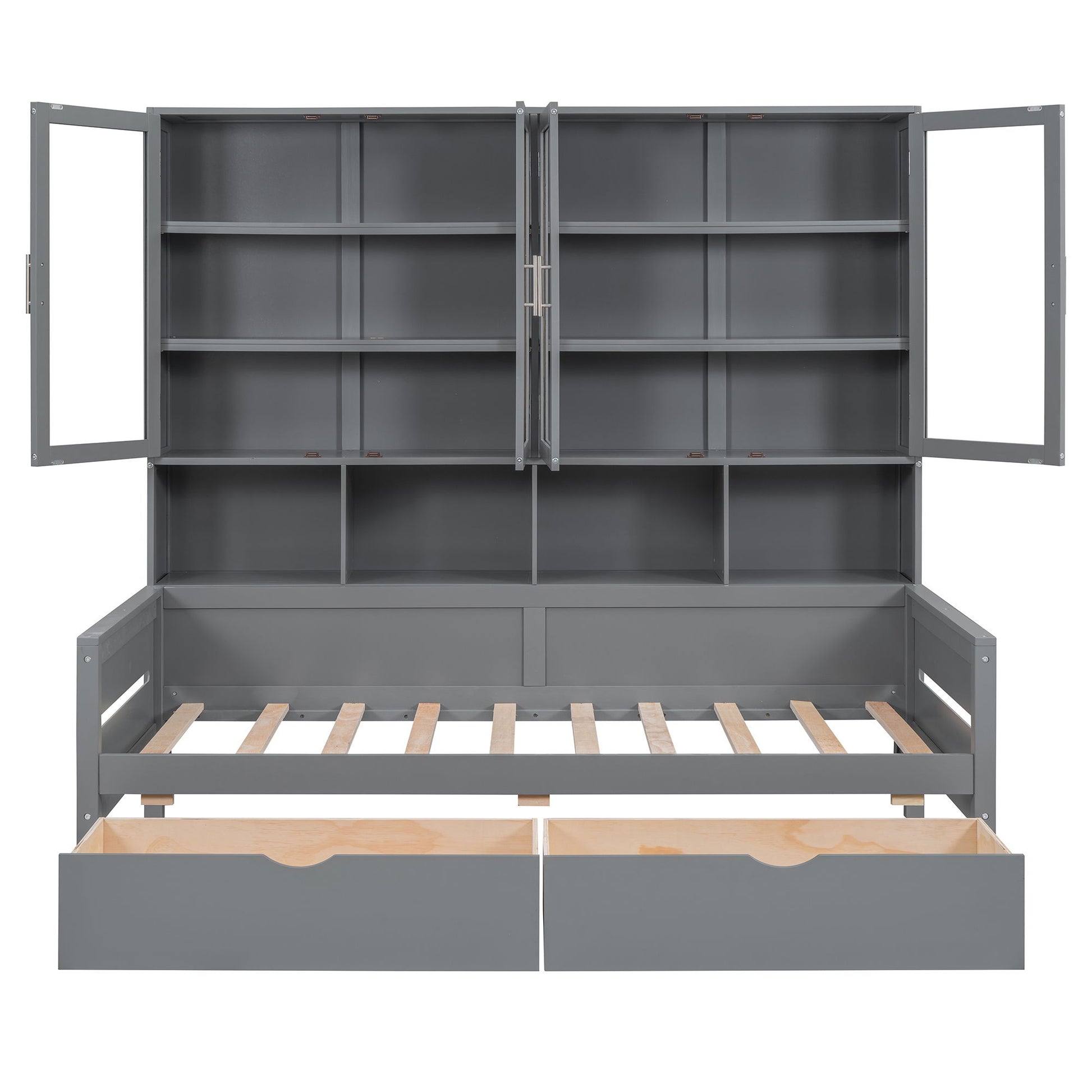 Daybed With Glass Door Storage Cabinets, Built In LED Lighting And Shelves - The Sleep Loft - Online Mattress Showroom NYC