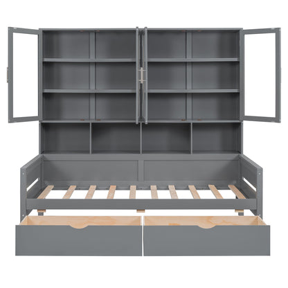 Daybed With Glass Door Storage Cabinets, Built In LED Lighting And Shelves - The Sleep Loft - Online Mattress Showroom NYC