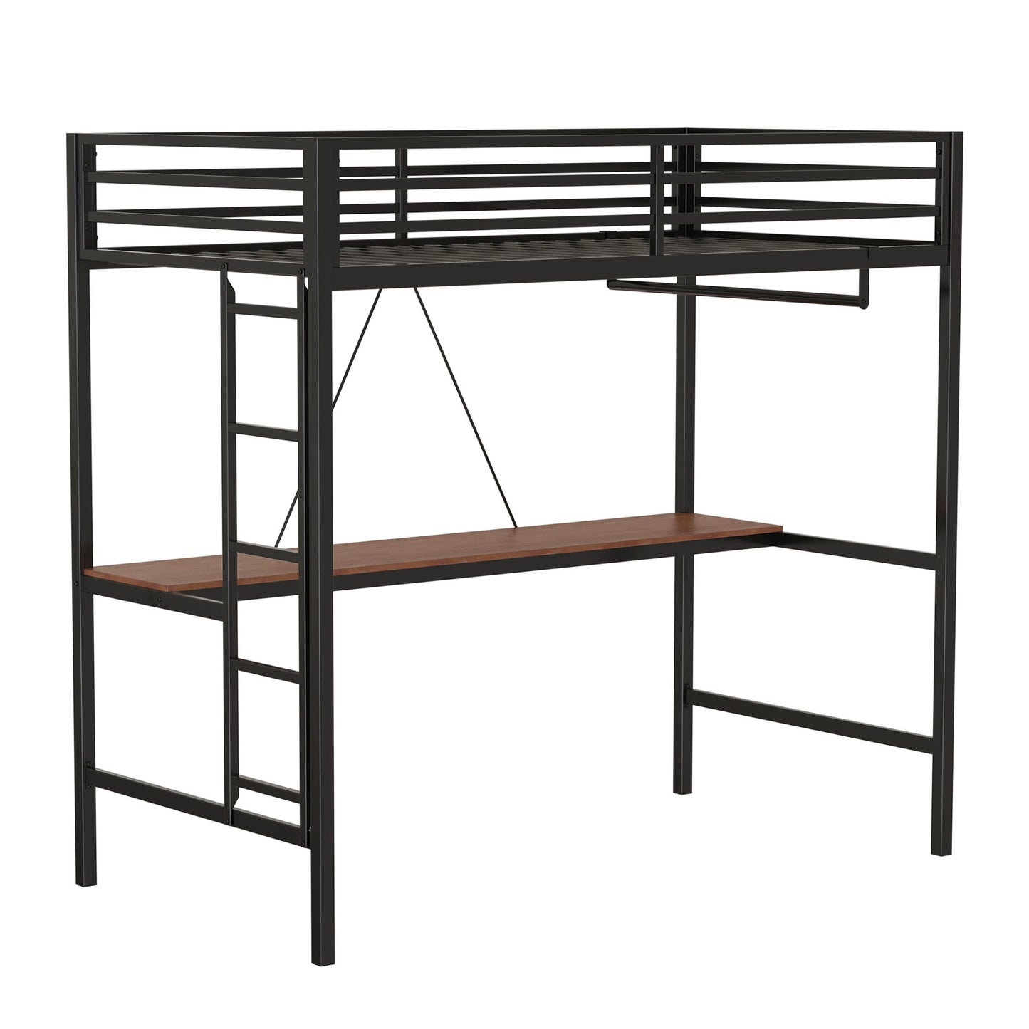 Adam - Twin Loft Bunk Bed With Cinnamon Wood Desk And Closet Rod - Black - The Sleep Loft - Online Mattress Showroom NYC