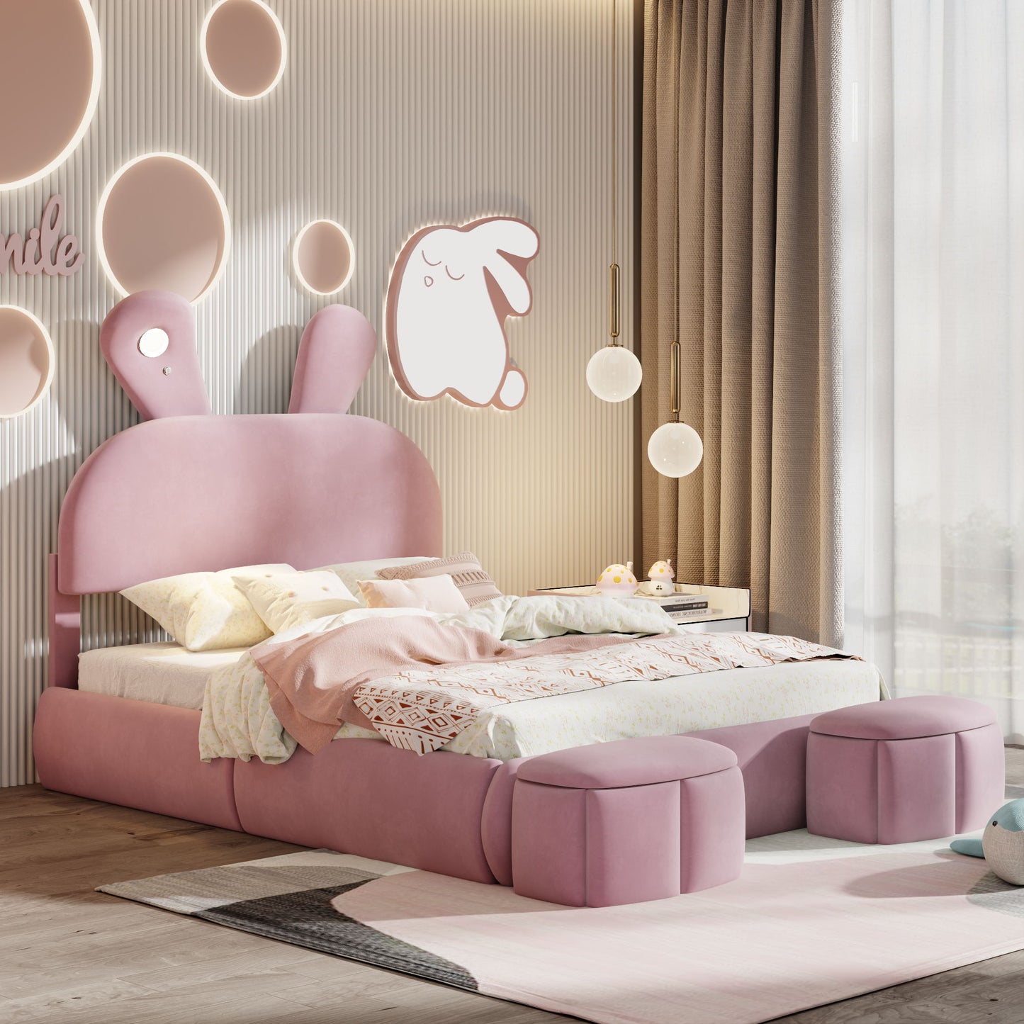 Full Upholstered Platform Bed With Cartoon Ears Headboard And LED Light - Pink - The Sleep Loft - Online Mattress Showroom NYC