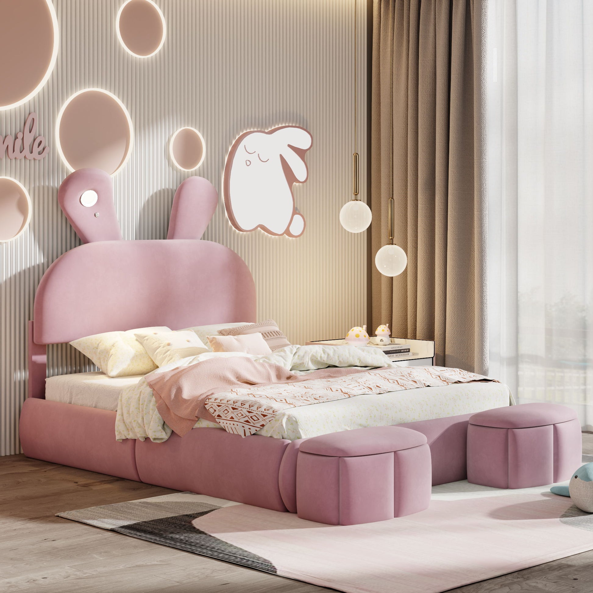 Full Upholstered Platform Bed With Cartoon Ears Headboard And LED Light - Pink - The Sleep Loft - Online Mattress Showroom NYC