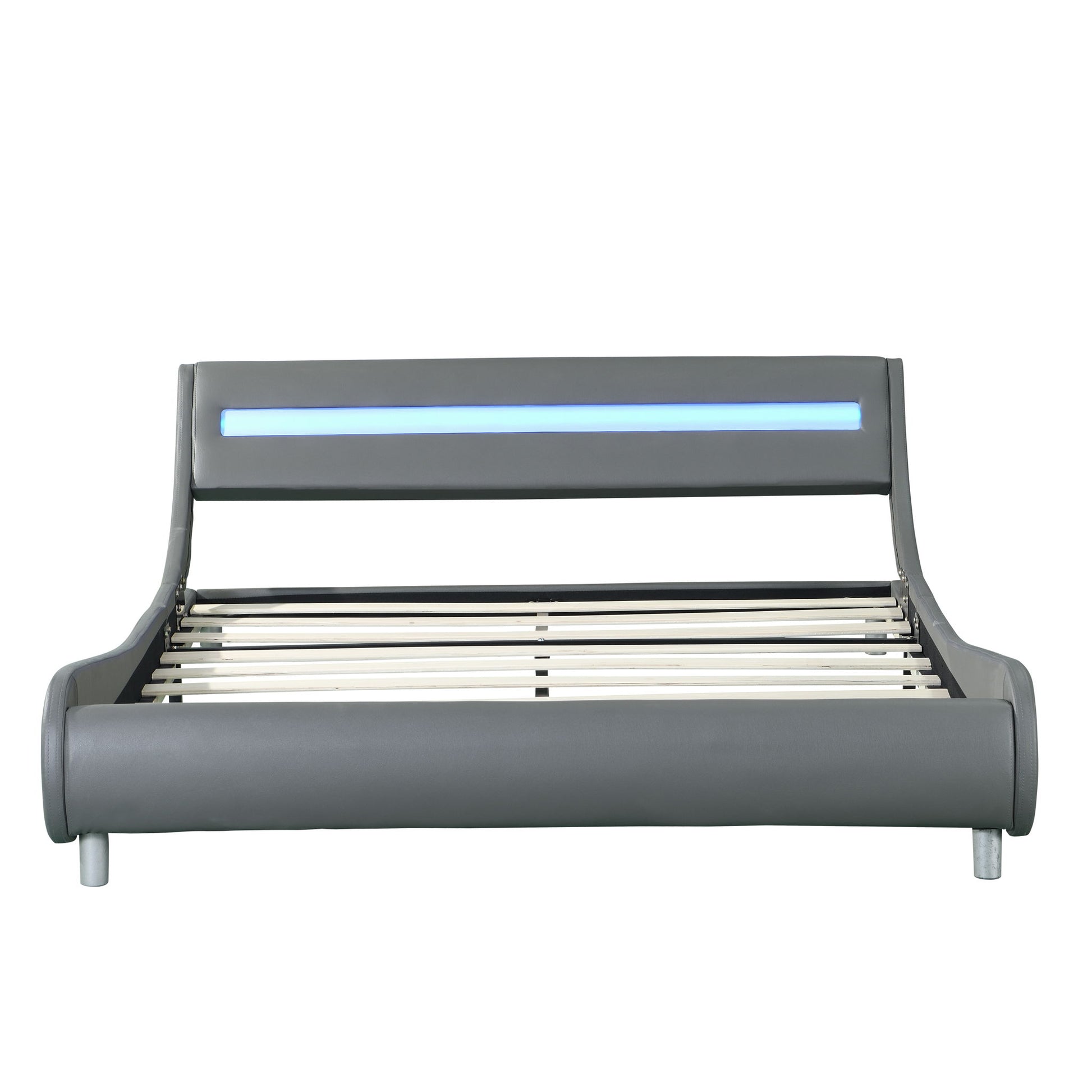 Queen Size Upholstered Platform Bed Frame With LED Lighting, Curve Design, Wood Slat Support, No Box Spring Needed - Gray - The Sleep Loft - Online Mattress Showroom NYC