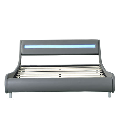 Queen Size Upholstered Platform Bed Frame With LED Lighting, Curve Design, Wood Slat Support, No Box Spring Needed - Gray - The Sleep Loft - Online Mattress Showroom NYC