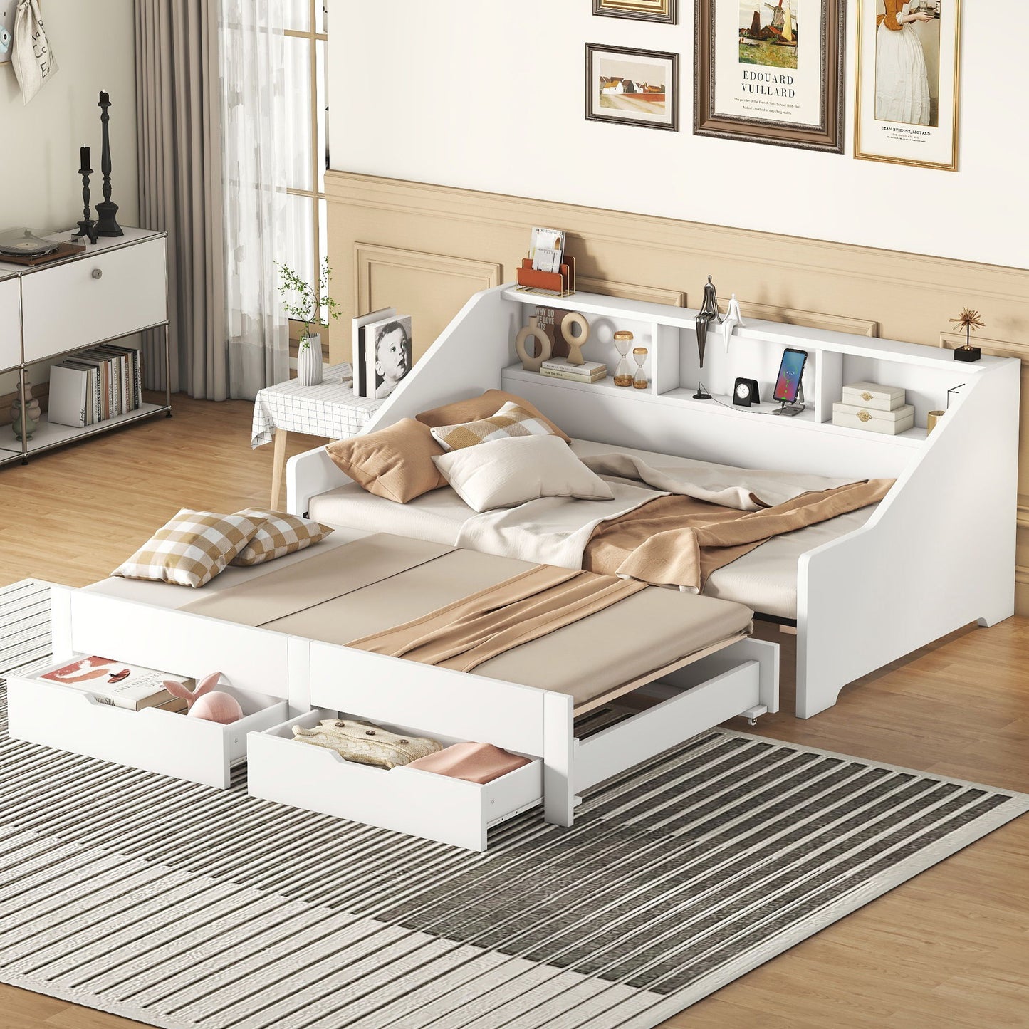 Daybed Frame With Storage Bookcases, 2 Drawers, Charging Station - The Sleep Loft - Online Mattress Showroom NYC