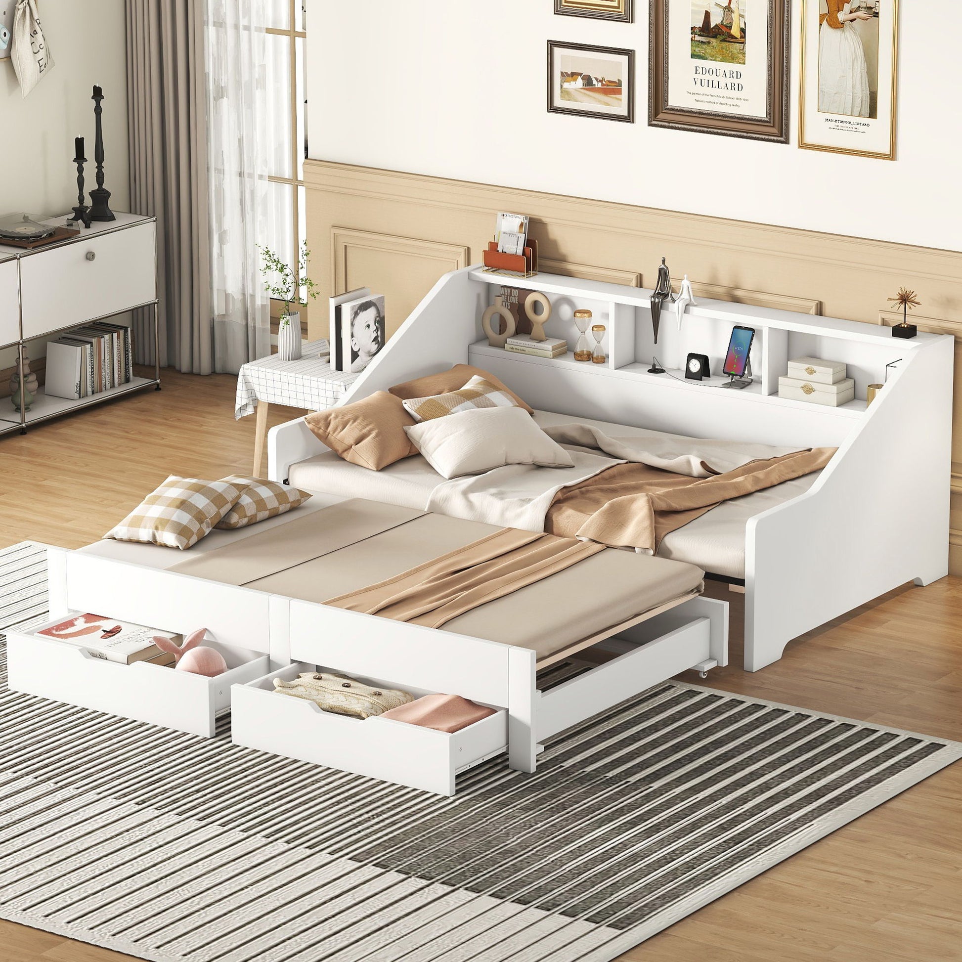 Daybed Frame With Storage Bookcases, 2 Drawers, Charging Station - The Sleep Loft - Online Mattress Showroom NYC