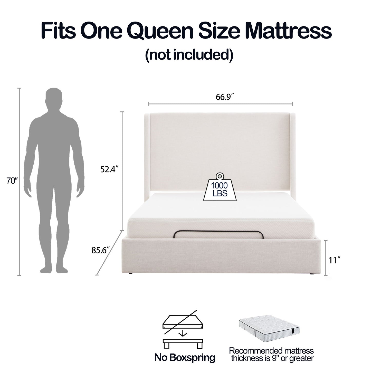 Caron - Queen Size Upholstered Wingback Bed With Adjustable Base Bundle Set - Ivory - The Sleep Loft - Online Mattress Showroom NYC