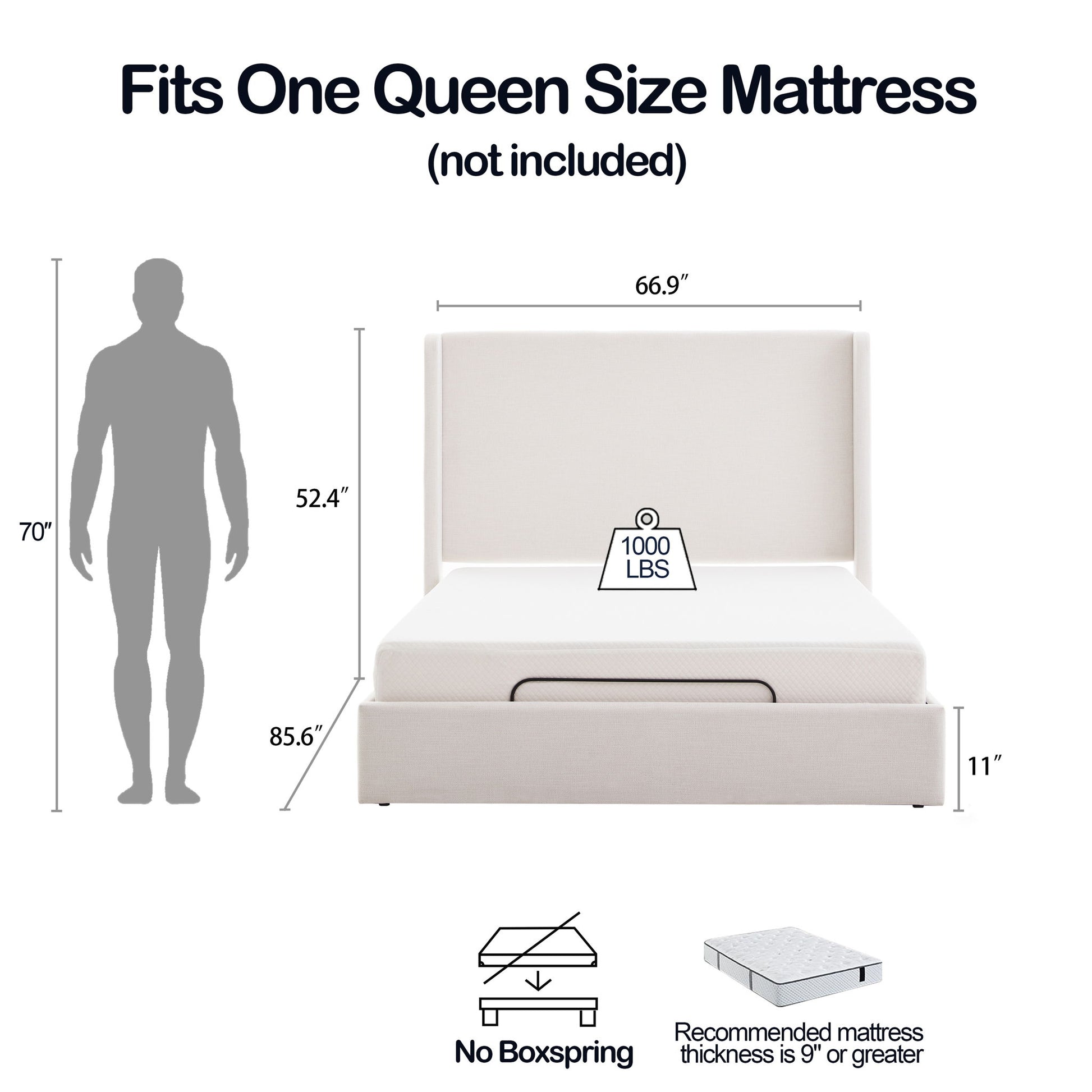 Caron - Queen Size Upholstered Wingback Bed With Adjustable Base Bundle Set - Ivory - The Sleep Loft - Online Mattress Showroom NYC