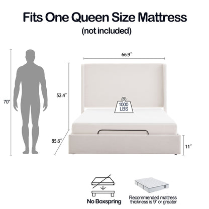 Caron - Queen Size Upholstered Wingback Bed With Adjustable Base Bundle Set - Ivory - The Sleep Loft - Online Mattress Showroom NYC