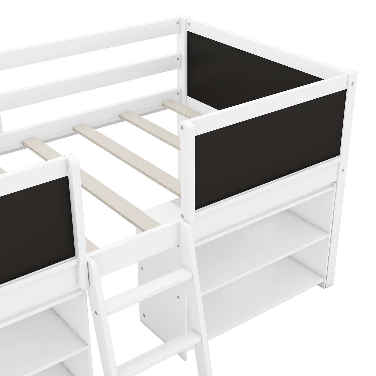 Low Loft Bed With Movable Shelves And Ladder, Decorative Chalkboard Guardrail - The Sleep Loft - Online Mattress Showroom NYC