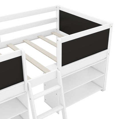 Low Loft Bed With Movable Shelves And Ladder, Decorative Chalkboard Guardrail - The Sleep Loft - Online Mattress Showroom NYC