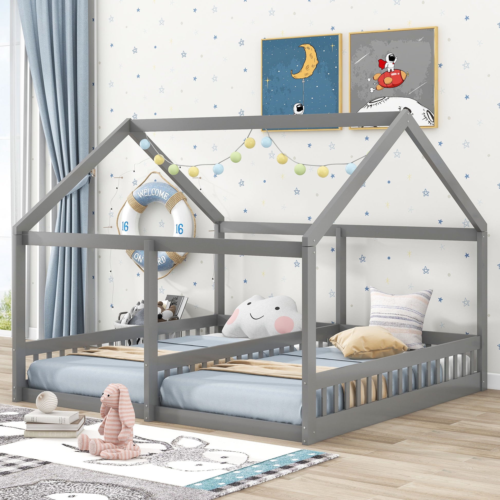 House Platform Beds, 2 Shared Beds, Metal Frame With Guardrails - The Sleep Loft - Online Mattress Showroom NYC