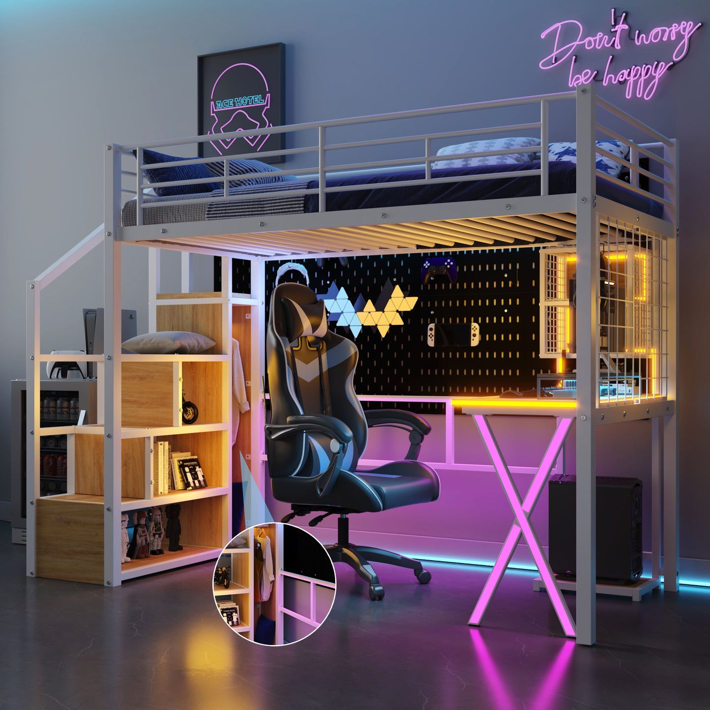 Loft Bed With Built In Work Station, Wardrobe, Storage Staircase And LED - The Sleep Loft - Online Mattress Showroom NYC