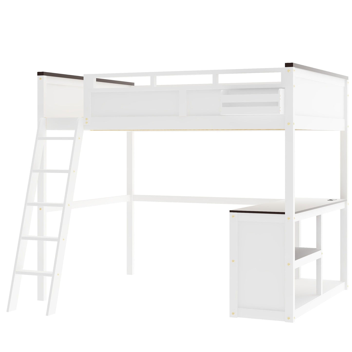 Queen Size Loft Bed With Desk, Open Shelf, Storage Box And USB Charging Station - White - The Sleep Loft - Online Mattress Showroom NYC