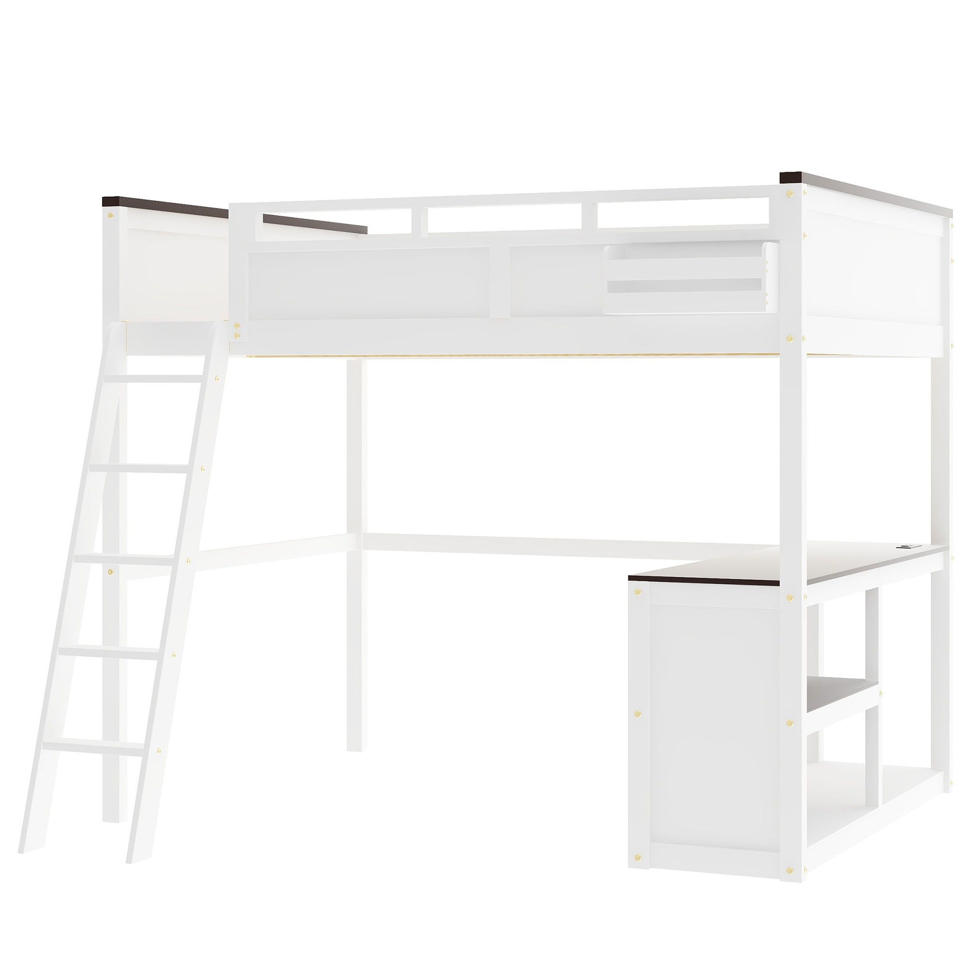 Queen Size Loft Bed With Desk, Open Shelf, Storage Box And USB Charging Station - White - The Sleep Loft - Online Mattress Showroom NYC