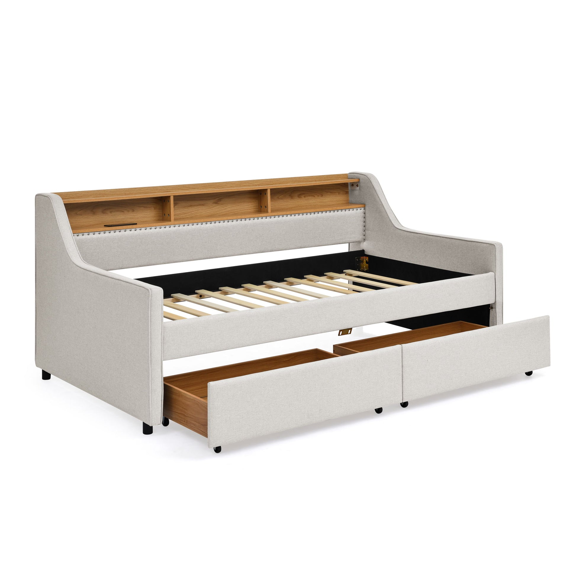 Twin Upholstered Sofa Bed With LED Lights, Storage Drawers, Adjustable Headboard & Wireless Charging - Beige - The Sleep Loft - Online Mattress Showroom NYC