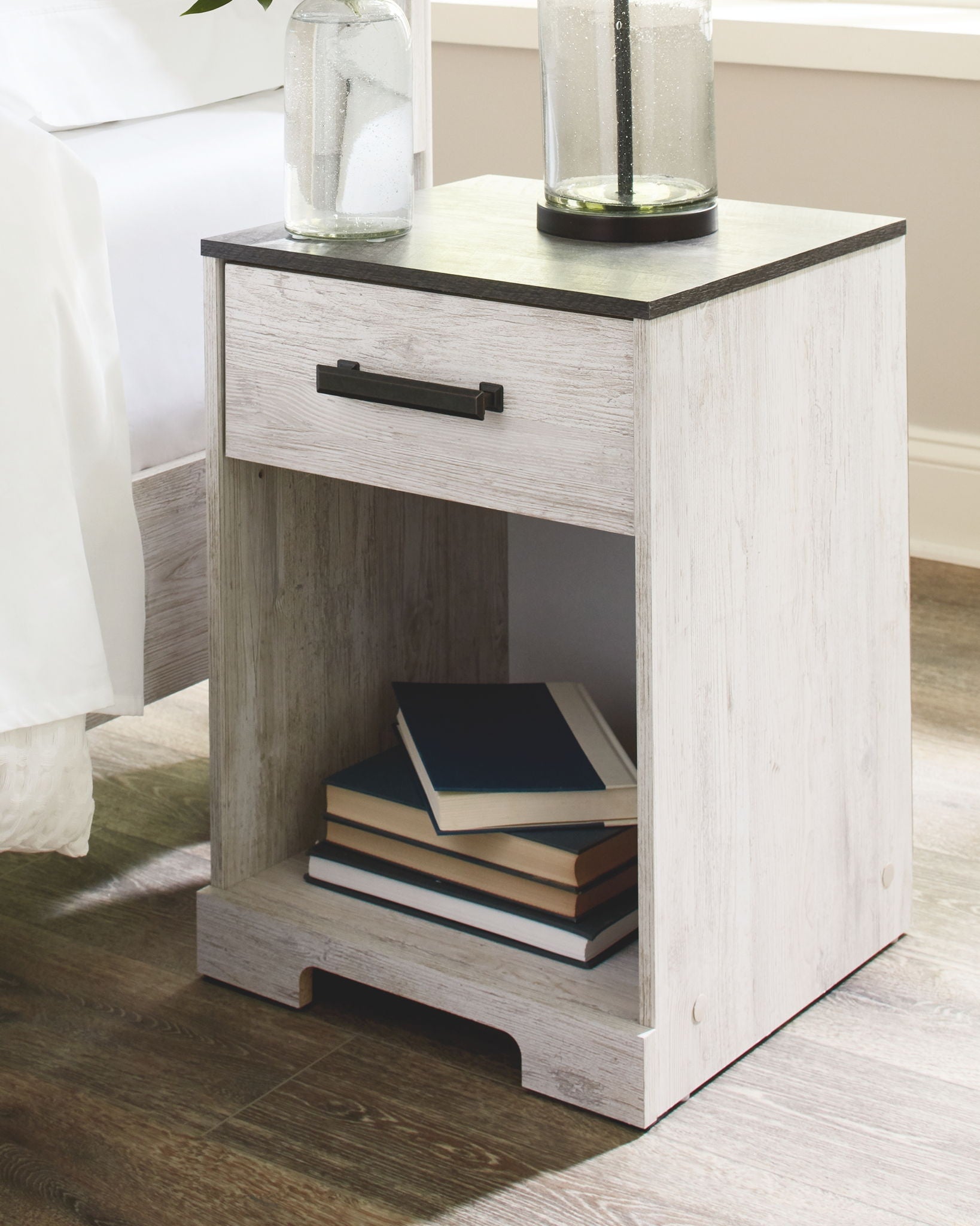 Shawburn - One Drawer Night Stand - Whitewash / Charcoal Gray - The Sleep Loft - Online Mattress Showroom NYC