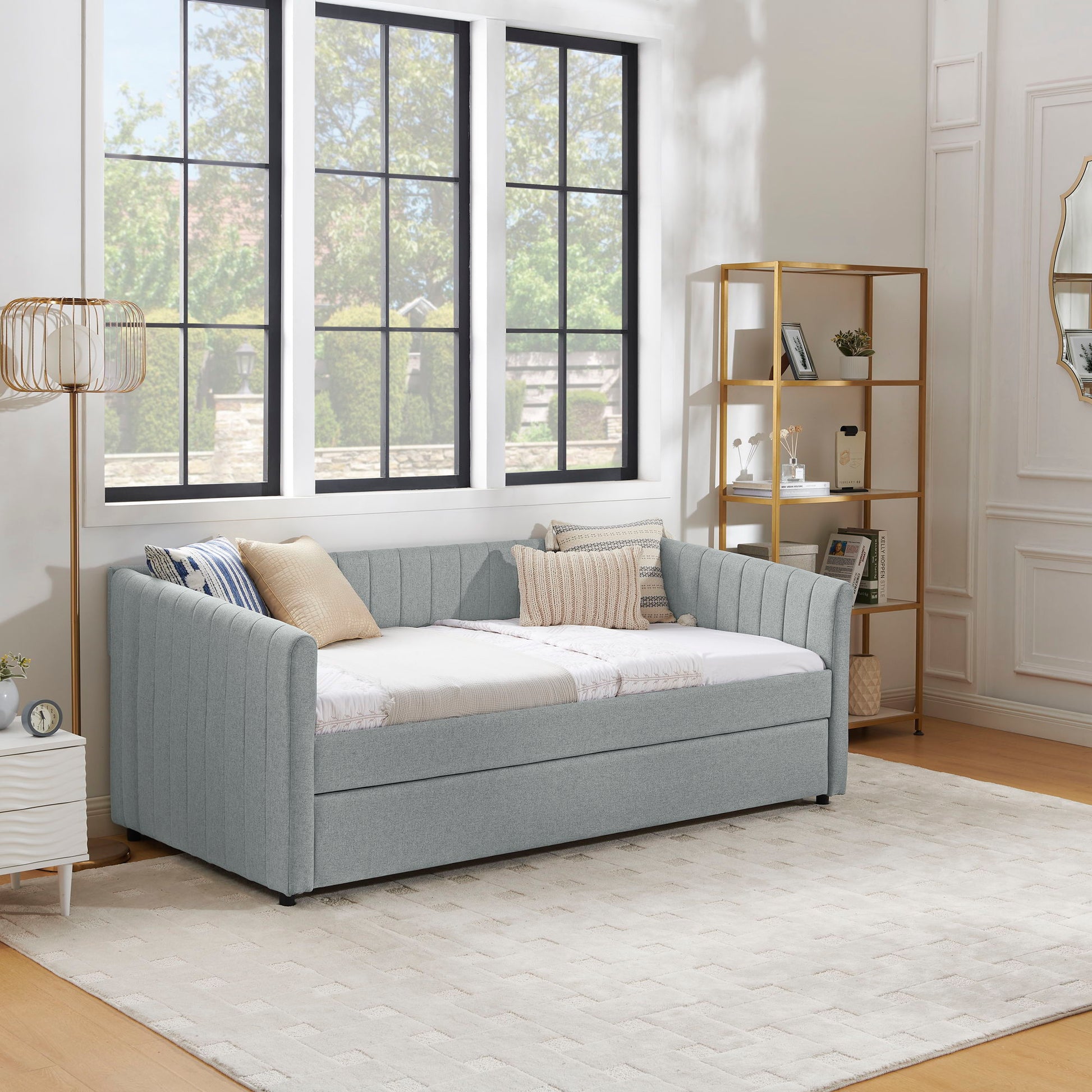 Upholstered Daybed With Trundle With Vertical Stripes - The Sleep Loft - Online Mattress Showroom NYC