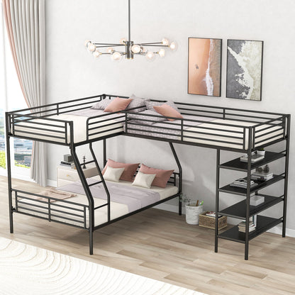 L-Shaped Twin Over Full Bunk Bed And Twin Loft Bed With 4 Built In Shelves - Black - The Sleep Loft - Online Mattress Showroom NYC
