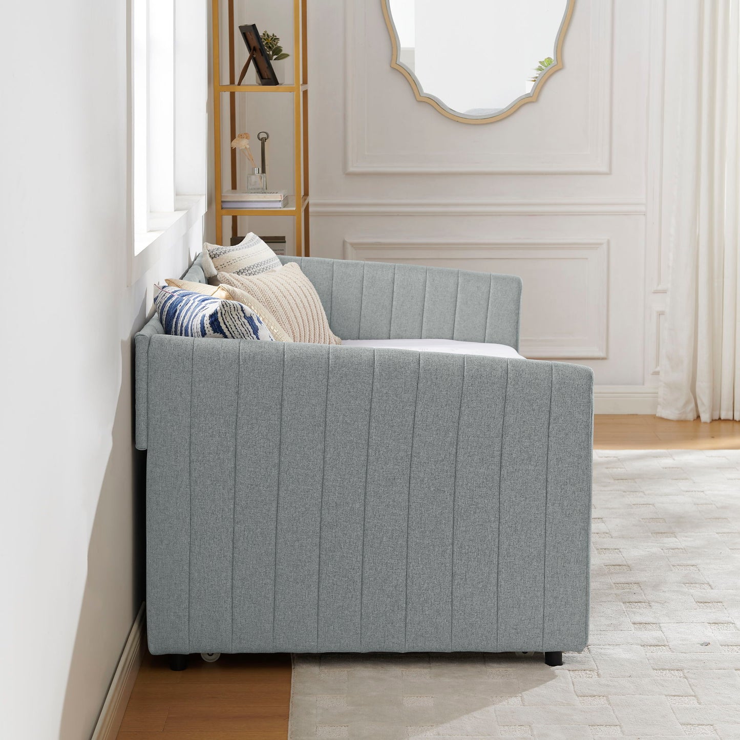 Upholstered Daybed With Trundle With Vertical Stripes - The Sleep Loft - Online Mattress Showroom NYC