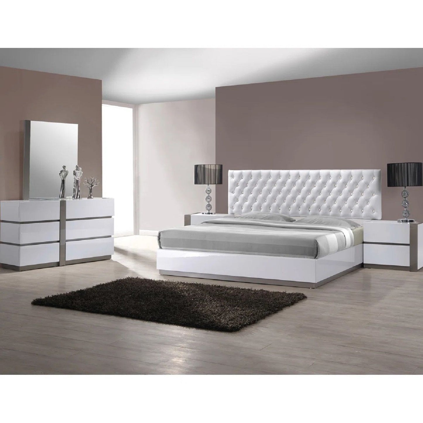 Nightstand Bedside Table With 2 Drawer For Bedroom - White / Silver