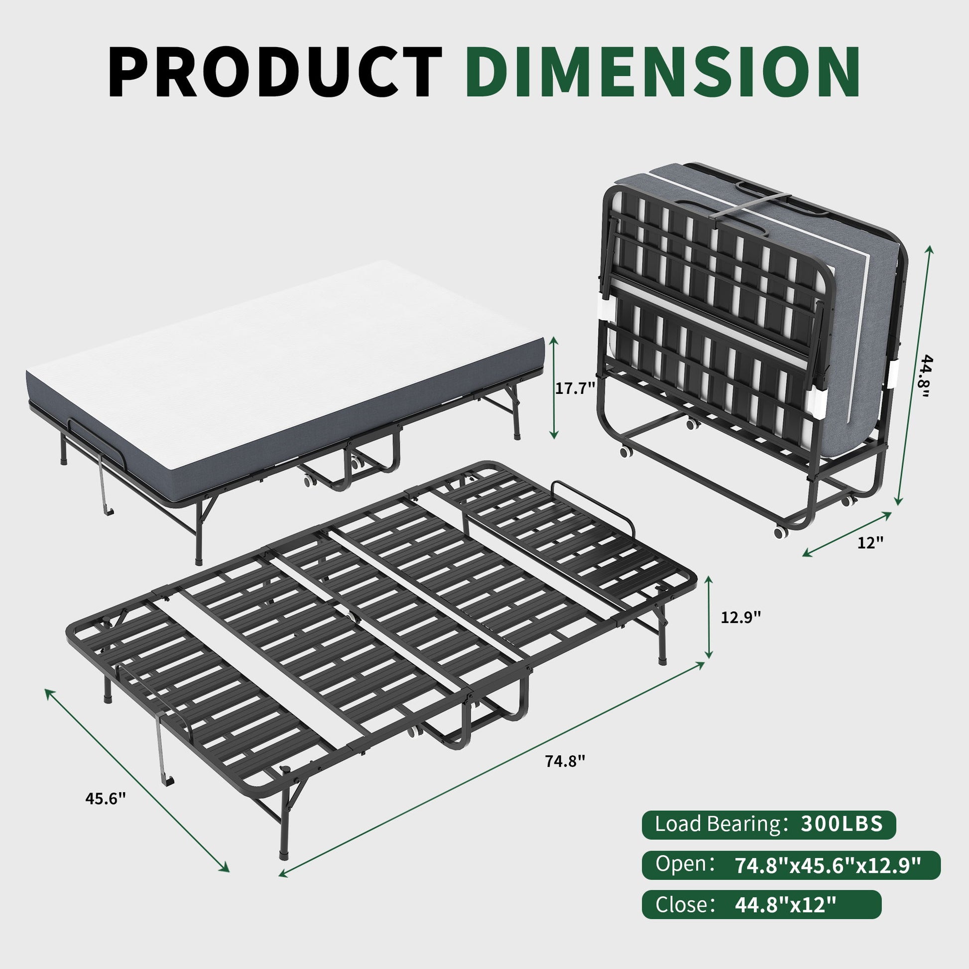 Twin Wide Folding Bed For Tall People, Extra Long & Wide Rollaway With Memory Foam, Heavy-Duty Capacity Guest, Spacious Portable Cot - Black - The Sleep Loft - Online Mattress Showroom NYC