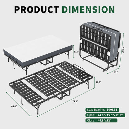 Twin Wide Folding Bed For Tall People, Extra Long & Wide Rollaway With Memory Foam, Heavy-Duty Capacity Guest, Spacious Portable Cot - Black - The Sleep Loft - Online Mattress Showroom NYC