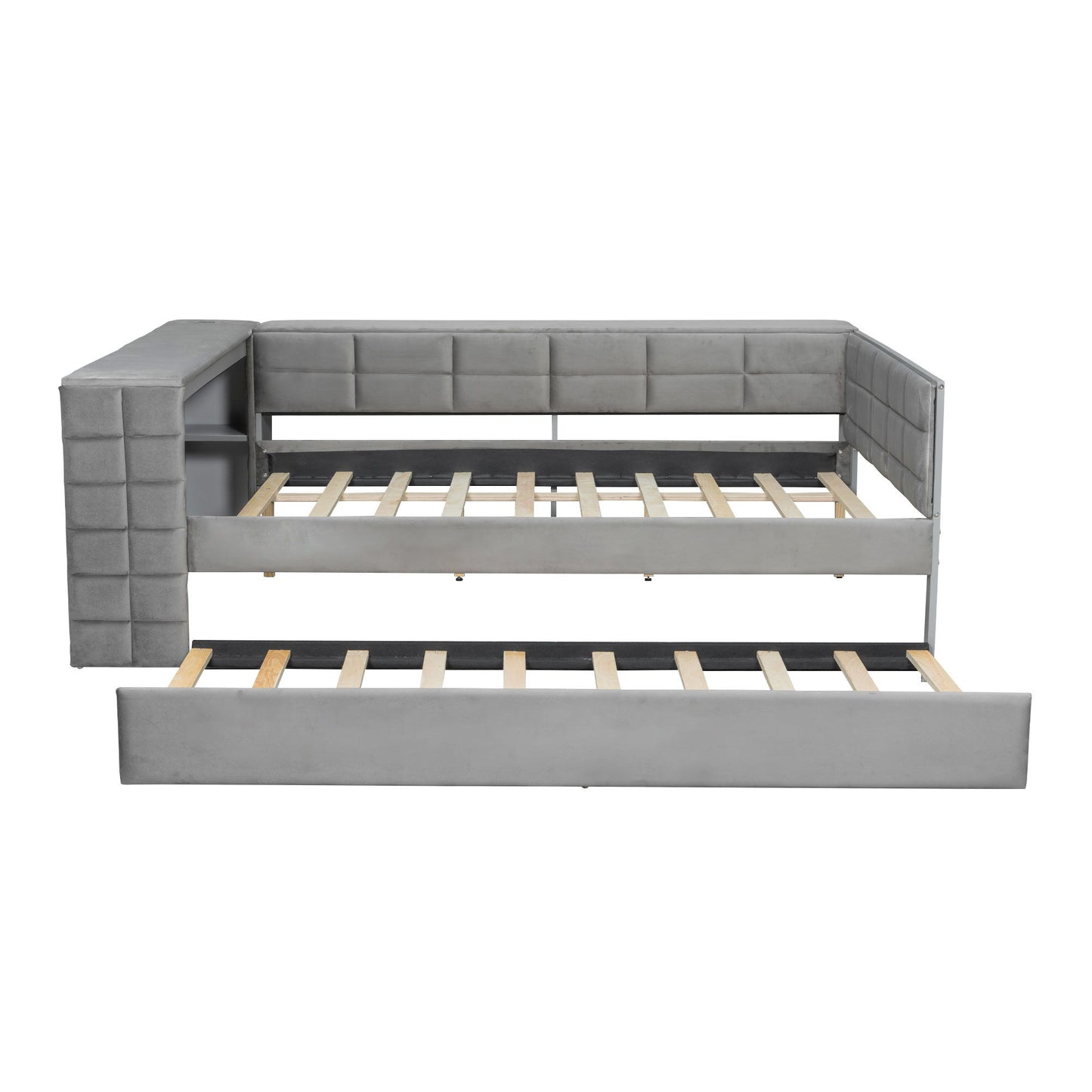 Upholstered Platform Bed With Storage Shelves, Desk, Charging Station And Trundle - The Sleep Loft - Online Mattress Showroom NYC