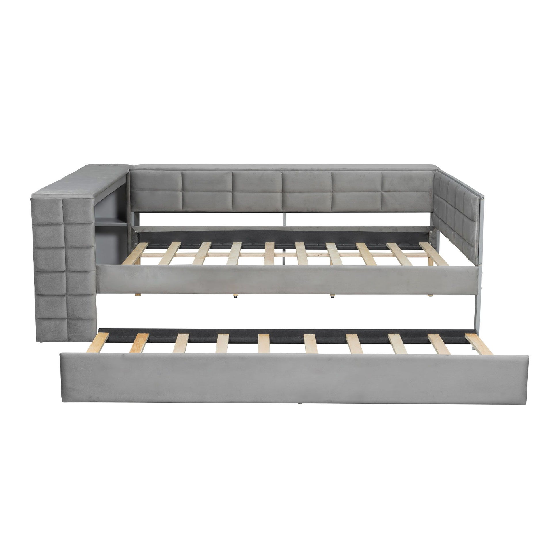 Upholstered Platform Bed With Storage Shelves, Desk, Charging Station And Trundle - The Sleep Loft - Online Mattress Showroom NYC