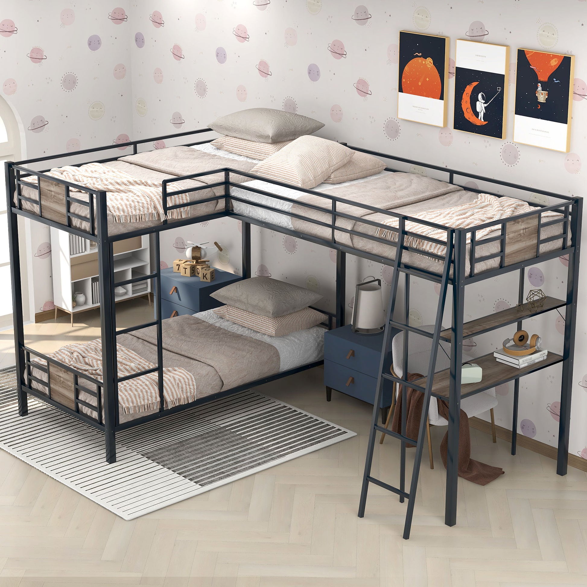 L-Shaped Twin Over Twin Bunk Bed With Twin Size Loft Bed With Desk And Shelf - Brown - The Sleep Loft - Online Mattress Showroom NYC