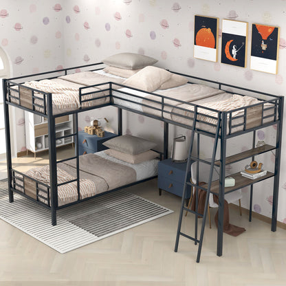 L-Shaped Twin Over Twin Bunk Bed With Twin Size Loft Bed With Desk And Shelf - Brown - The Sleep Loft - Online Mattress Showroom NYC
