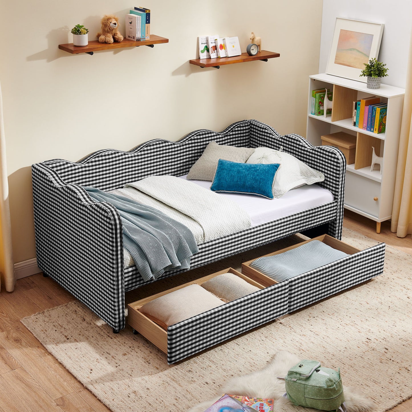 Gingham Daybed With USB Charging Port, Wave-Shaped Design - The Sleep Loft - Online Mattress Showroom NYC