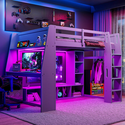 Gaming Loft Bed With Desk, Multi Storage Shelves, LED Lighting, And Hanging Clothes Rack - The Sleep Loft - Online Mattress Showroom NYC