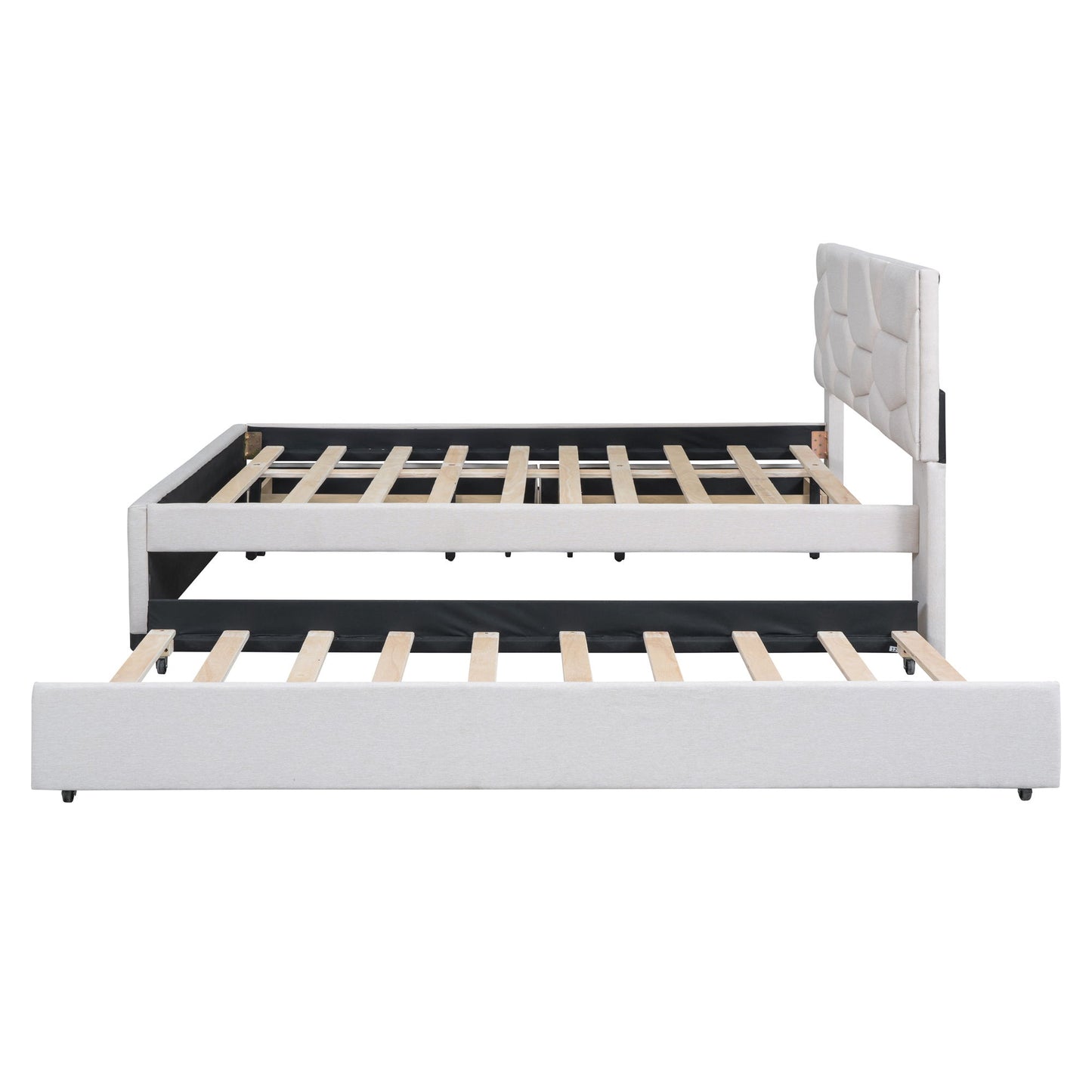 Upholstered Platform Bed With Brick Pattern Headboard And Twin Long Size Trundle - The Sleep Loft - Online Mattress Showroom NYC