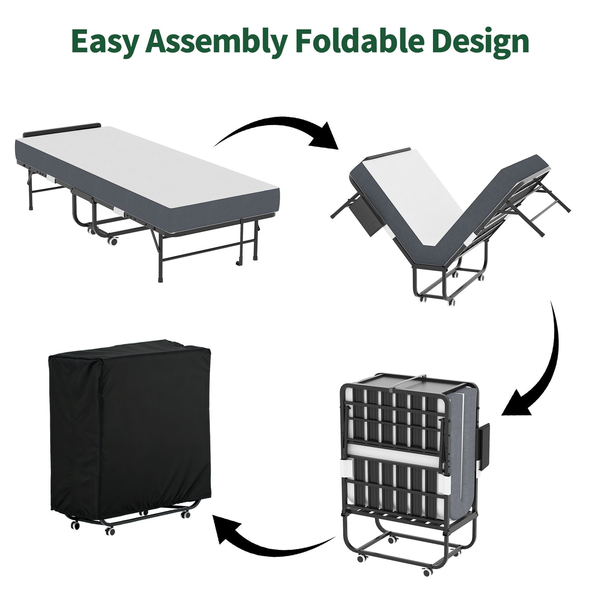 Twin Folding Bed With Adjustable Headboard & Memory Foam, Space Saving Rollaway Guest For Tall People, Portable On Wheels, Easy Assembly - Black - The Sleep Loft - Online Mattress Showroom NYC