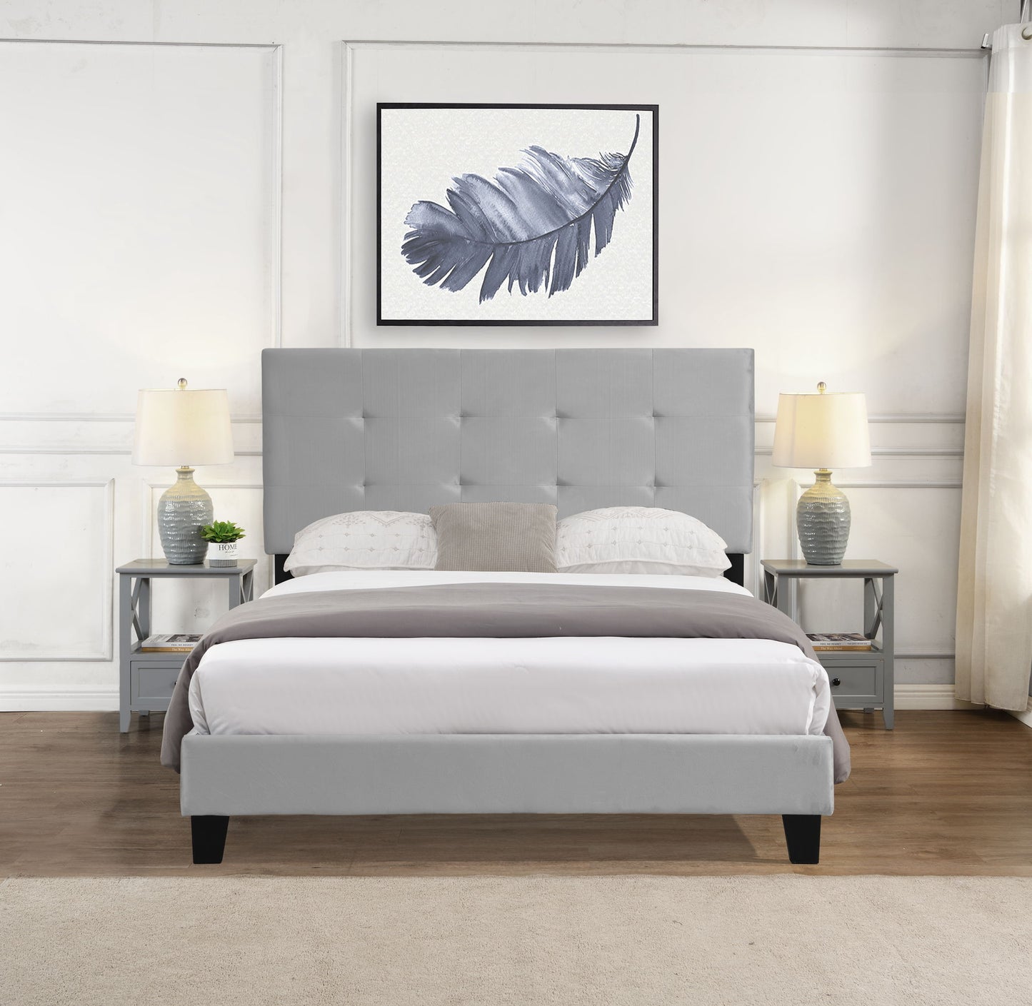 Full Size Upholstered Platform Bed Frame With Pull Point Tufted Headboard, Strong Wood Slat Support, Mattress Foundation, No Box Spring Needed - Gray - The Sleep Loft - Online Mattress Showroom NYC
