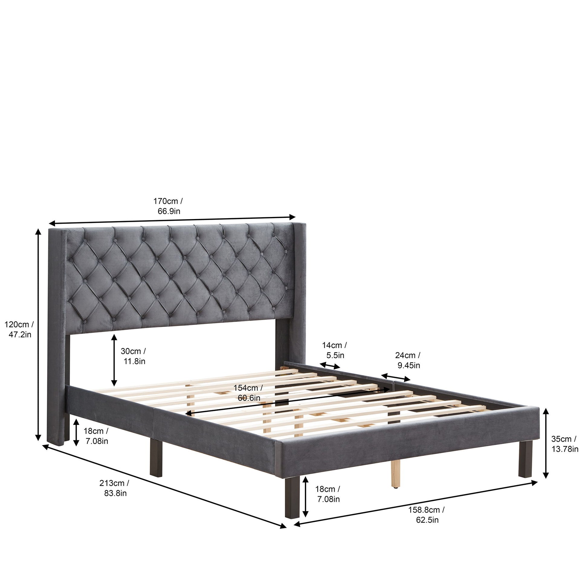 Velvet Button Tufted-Upholstered Bed With Wings Design Strong Wood Slat Support Queen Platform Bed - Gray - The Sleep Loft - Online Mattress Showroom NYC