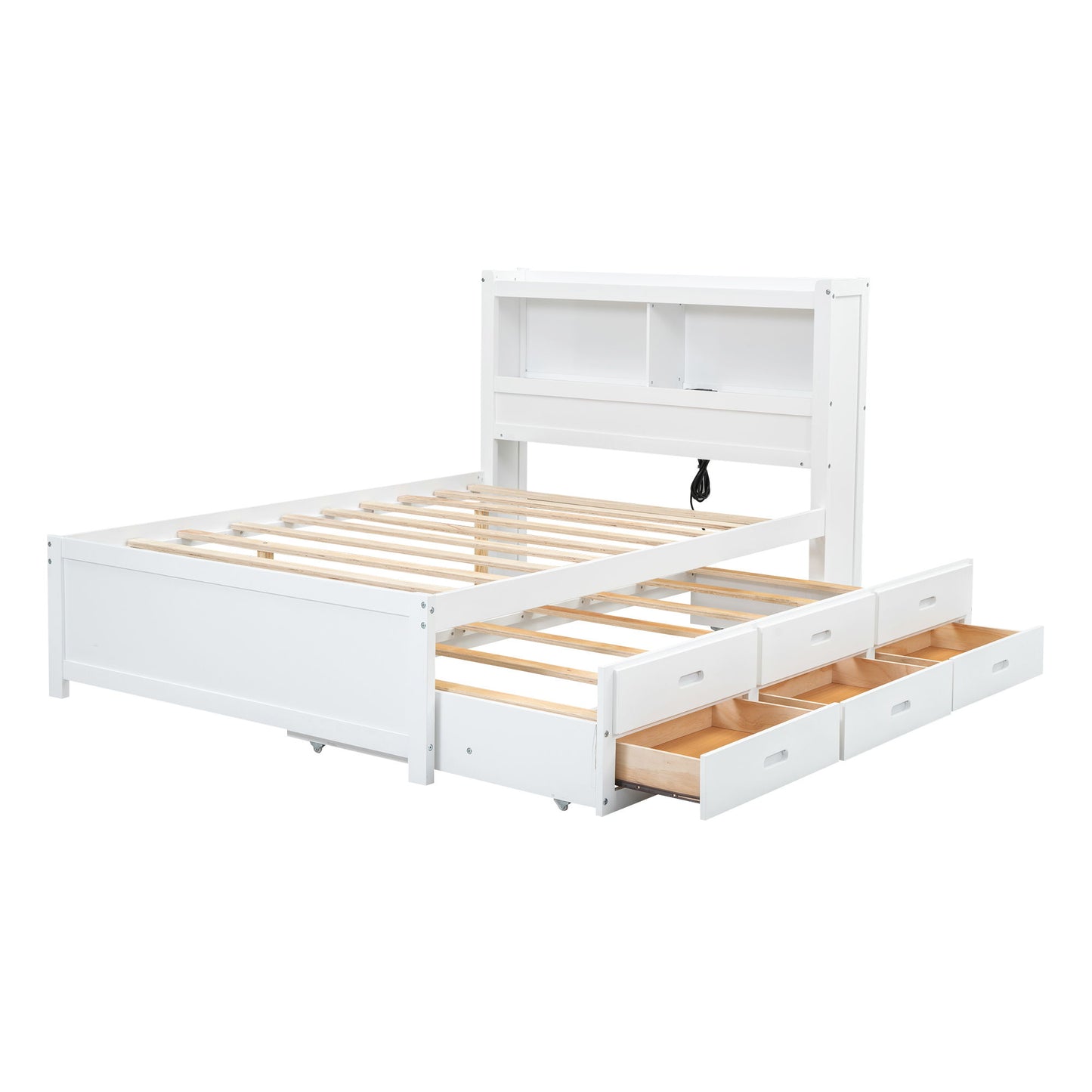 Full Size Platform Bed With Trundle, Drawers, USB Ports And Built In Shelves - White - The Sleep Loft - Online Mattress Showroom NYC