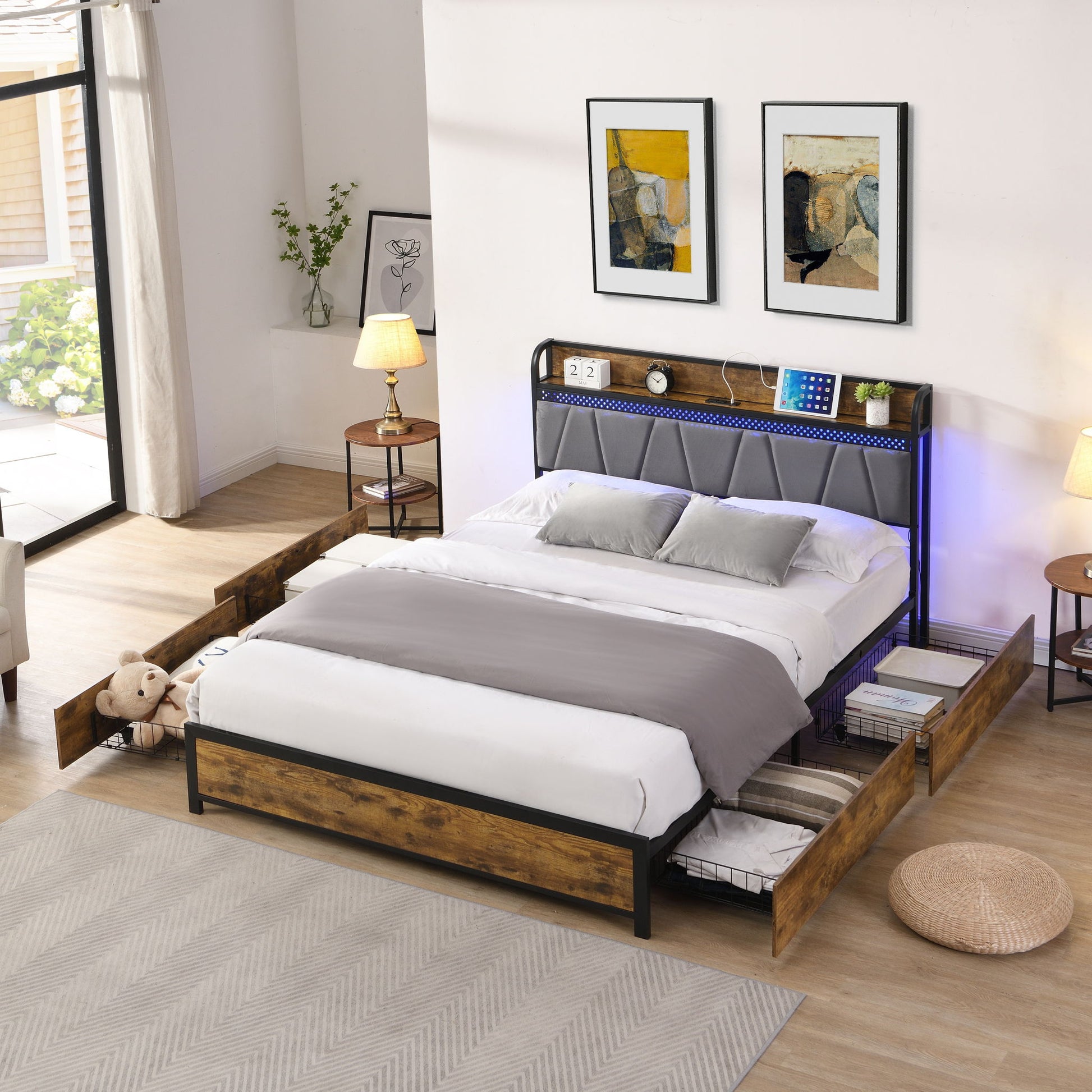 Contemporary Bed Frame With Storage Headboard, Charging Station, LED Lights - The Sleep Loft - Online Mattress Showroom NYC