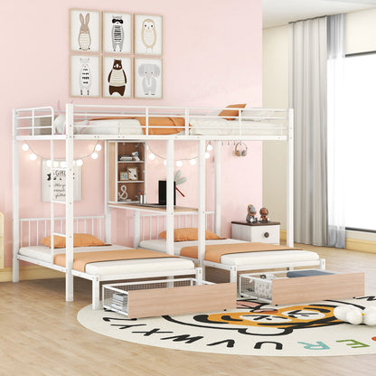 Triple Bunk Bed With Drawers, Multi-Functional Frame With Desks And Shelves In The Middle - The Sleep Loft - Online Mattress Showroom NYC