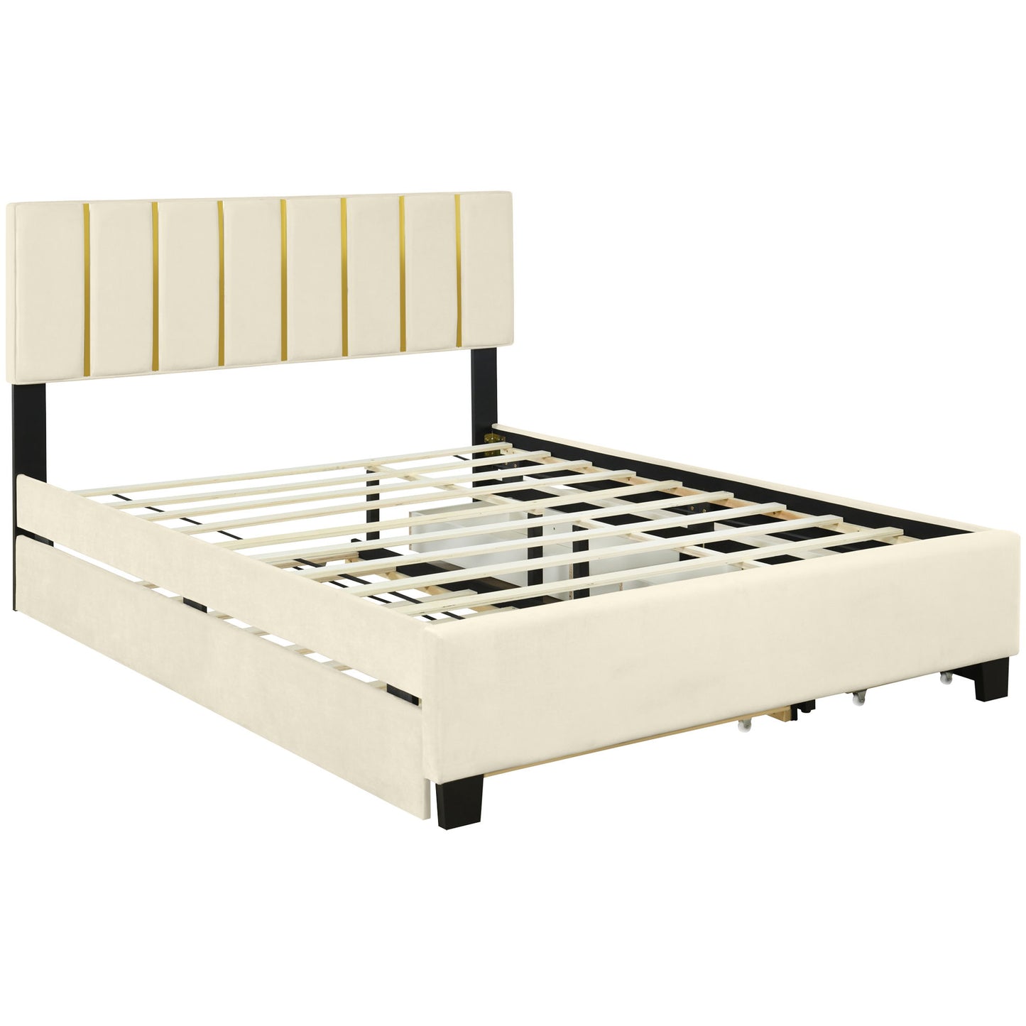 Upholstered Platform Bed With 2 Drawers And 1 Trundle, Classic Strip Headboard Design - The Sleep Loft - Online Mattress Showroom NYC