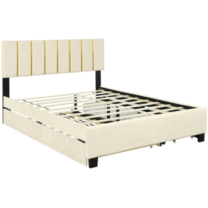Upholstered Platform Bed With 2 Drawers And 1 Trundle, Classic Strip Headboard Design - The Sleep Loft - Online Mattress Showroom NYC