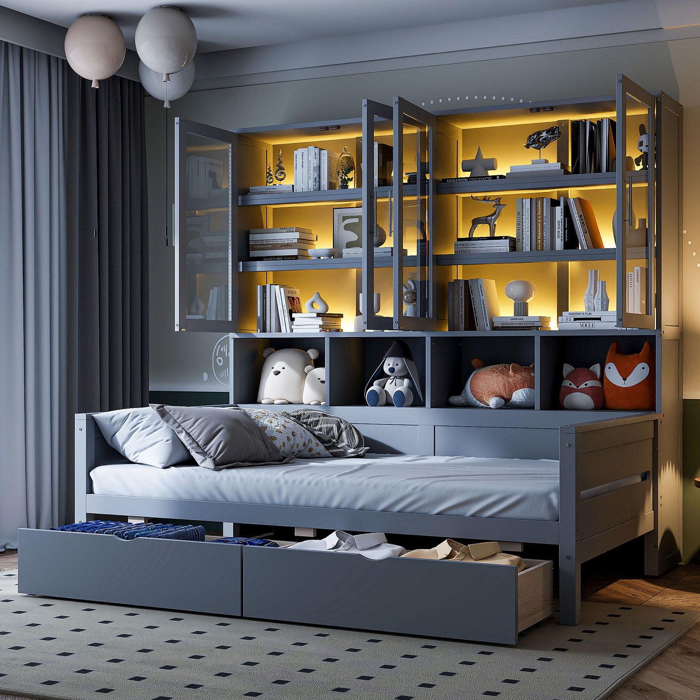 Daybed With Glass Door Storage Cabinets, Built In LED Lighting And Shelves - The Sleep Loft - Online Mattress Showroom NYC