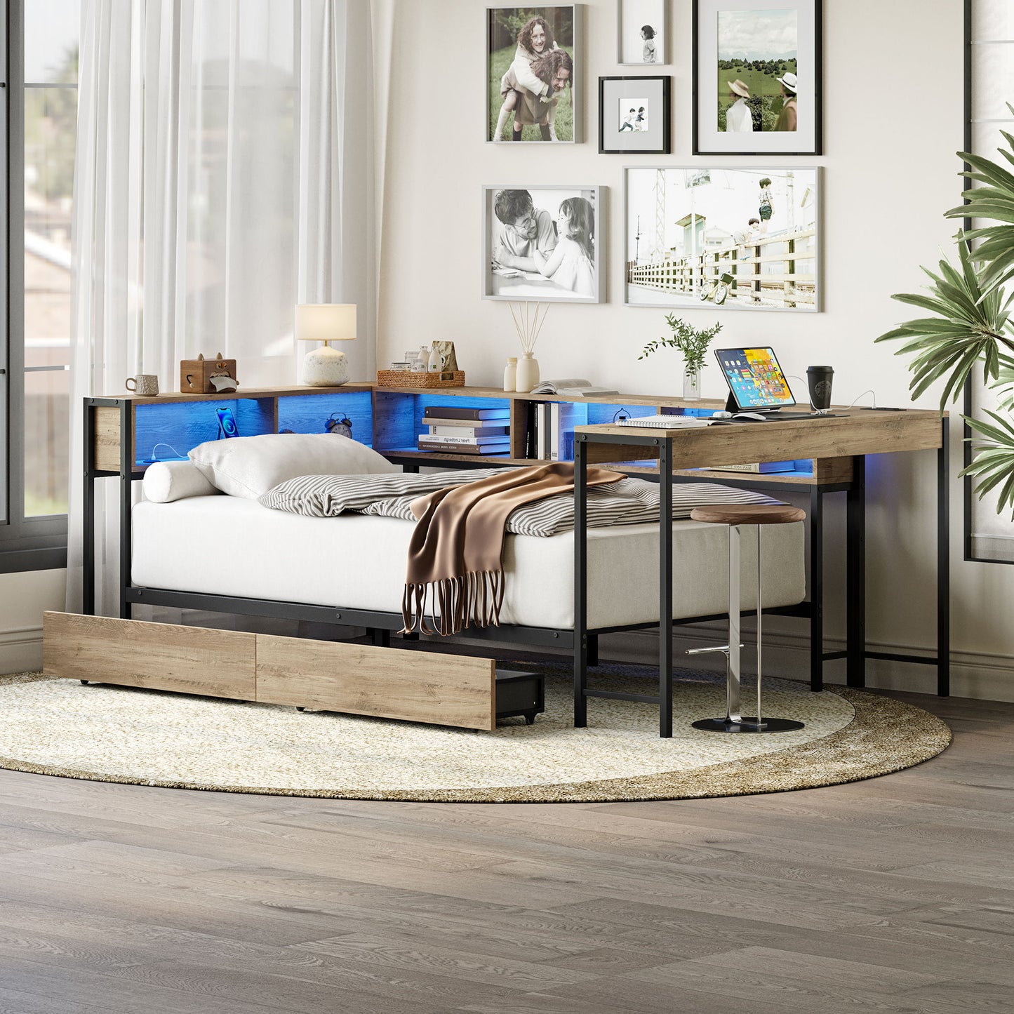 Corner Bed Frame Twin Size With Bookcase And 2 Underbed Storage Drawers, Modern Twin Bed With LED Light And Charging Station, Modern Daybed Reversible Left Or Right - Gray - The Sleep Loft - Online Mattress Showroom NYC