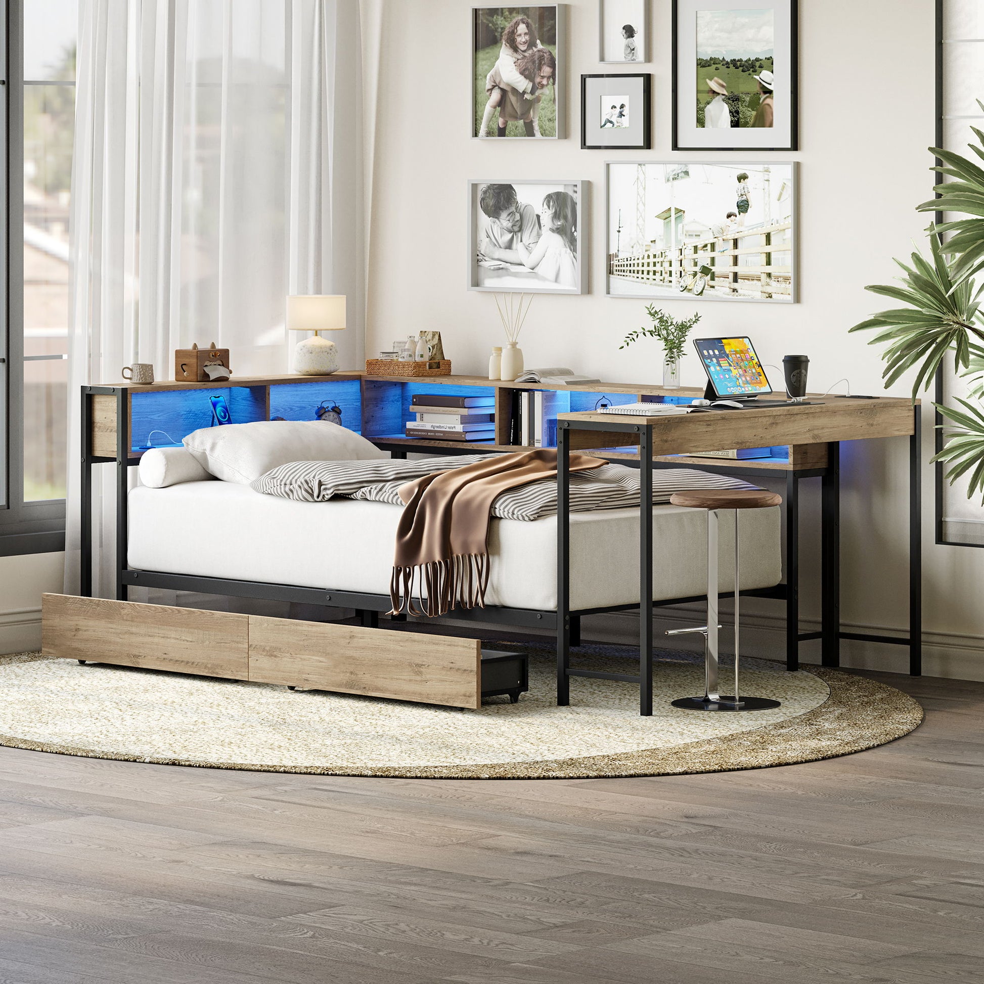 Corner Bed Frame Twin Size With Bookcase And 2 Underbed Storage Drawers, Modern Twin Bed With LED Light And Charging Station, Modern Daybed Reversible Left Or Right - Gray - The Sleep Loft - Online Mattress Showroom NYC