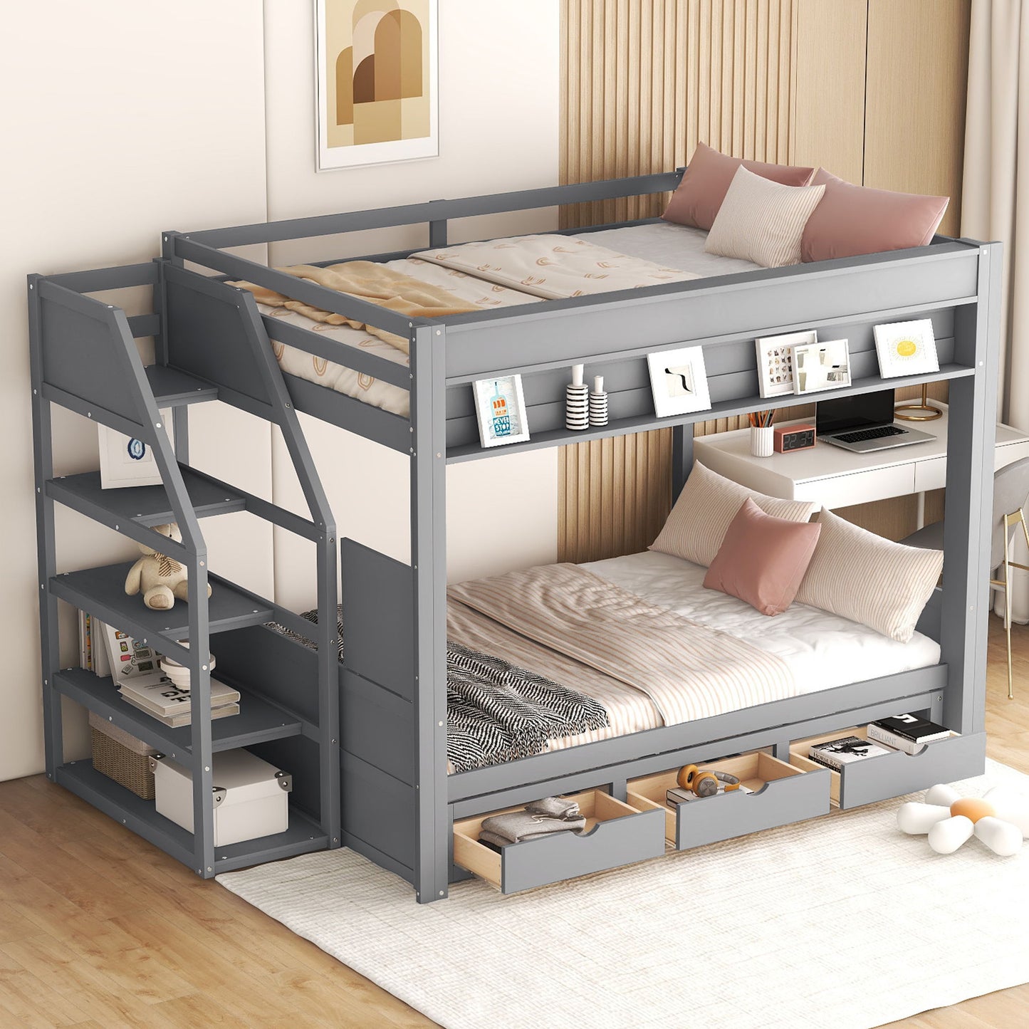 Wood Full Size Convertible Bunk Bed With Storage Staircase, Bedside Table, And 3 Drawers - Gray - The Sleep Loft - Online Mattress Showroom NYC